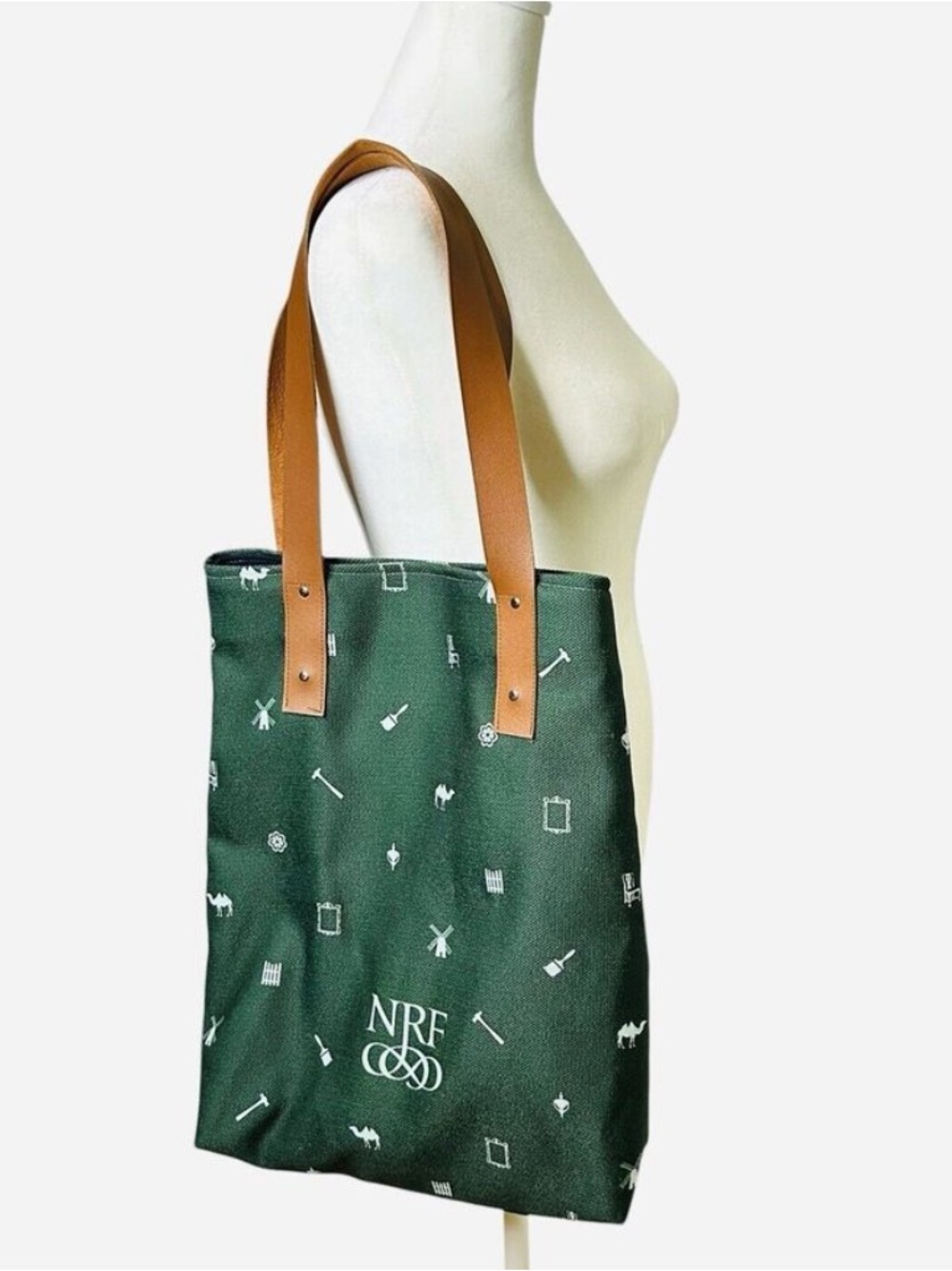 Market Tote Bag Canvas Fully Lined Leather Handles Green Patterned NRF Logo